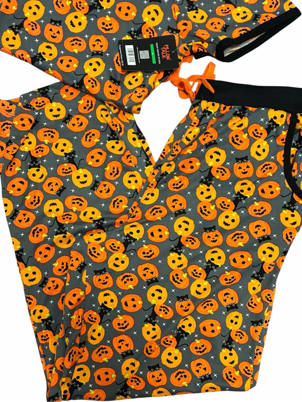 NWT Women's Halloween Pumpkin Black Cat Print Pillow Talk Pajama Set Large
